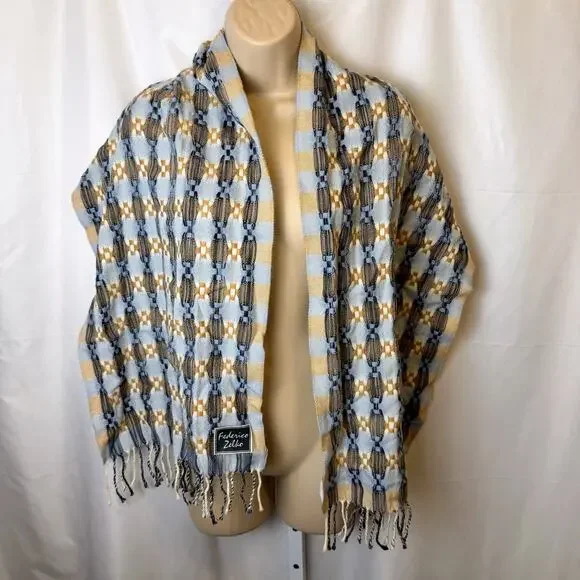 Federico Zelko 100% Wool Scarf in Geometric Pattern Blue Cream Brown Black 30x14 - Picture 2 of 3